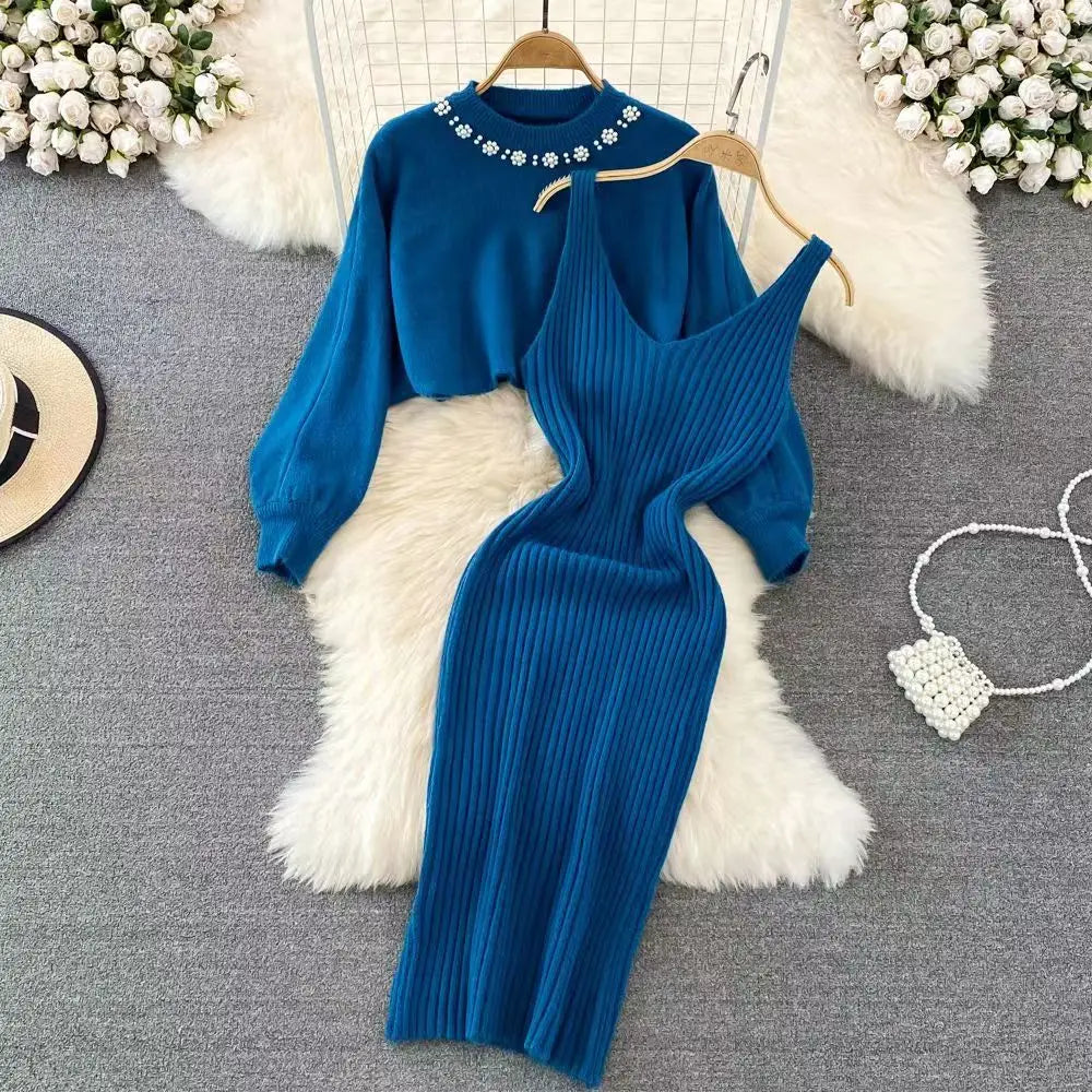 Sweater Set Casual Pullovers Suits Slip Dress For Women Slim Solid Autumn Winter Knitted Long Sleeve Elegance Elastic Sweet