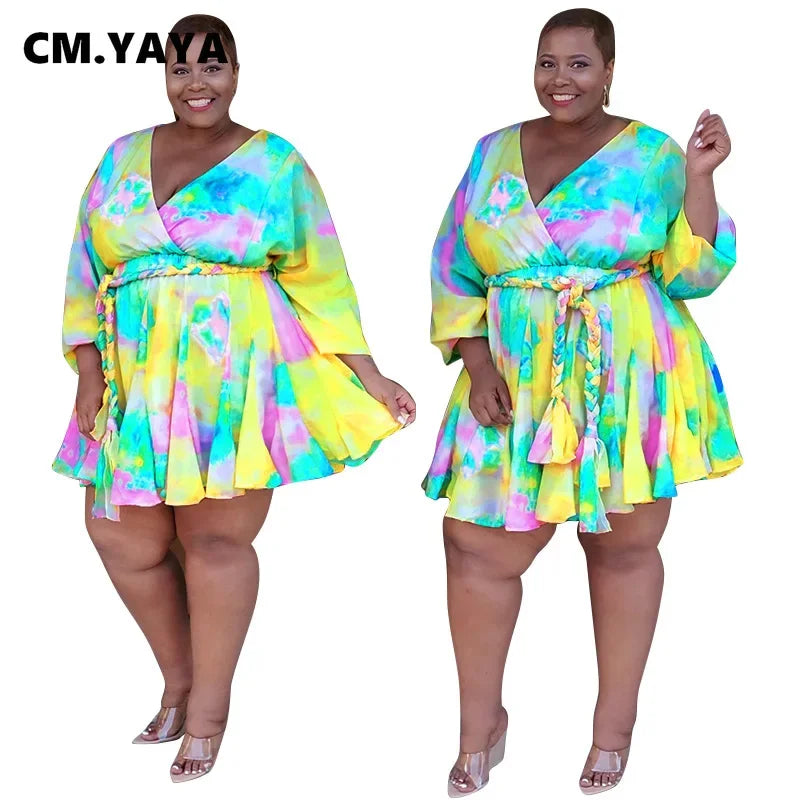 CM.YAYA Otoño Invierno mujer manga larga Mini vestido ceñido al cuerpo estampado plisado Sexy Club fiesta cuello pico Shases de talla grande S-5XL vestido