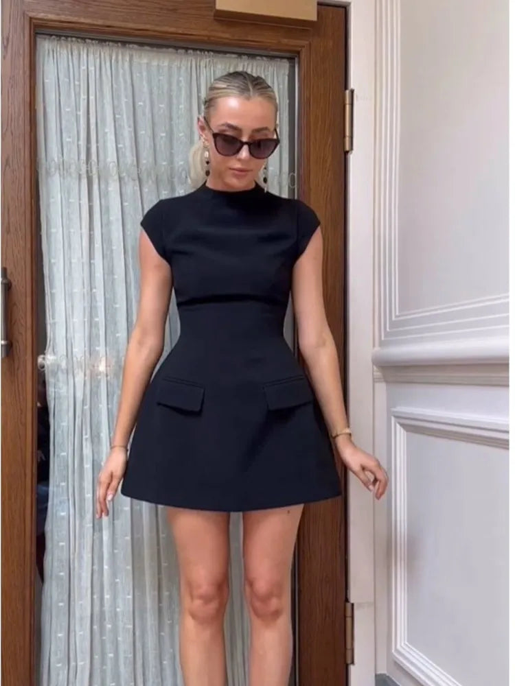 Women Elegant Solid Pockets Slim Mini Dress Fashion O-neck Flying Sleeve A-line Dresses 2023 Office Lady Vintage Commuting Robe