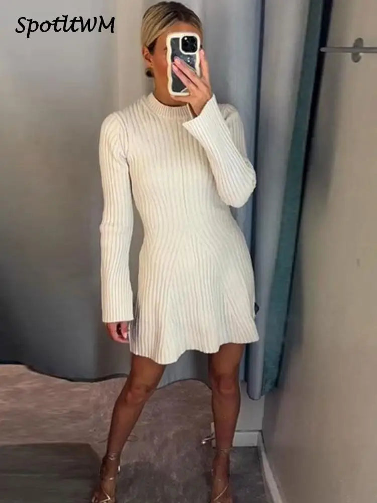 Elegant Solid Ribbed Knitted Short Dress For Women 2023 Long Sleeve O Neck Mini Dresses  Fashion Autumn Lady Party Club Vestidos