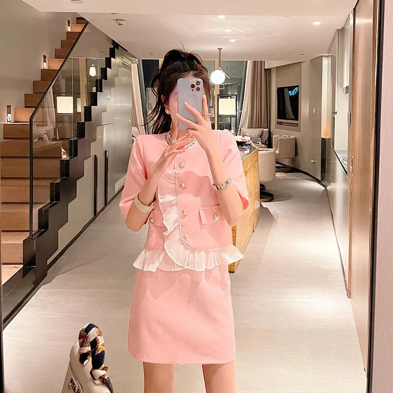 Summer 2022 New Arrival Chic Women’s Clothing, Elegant Lady Style Stylish Pink Ruffle Two-Piece Dress Set for Female Office Lady