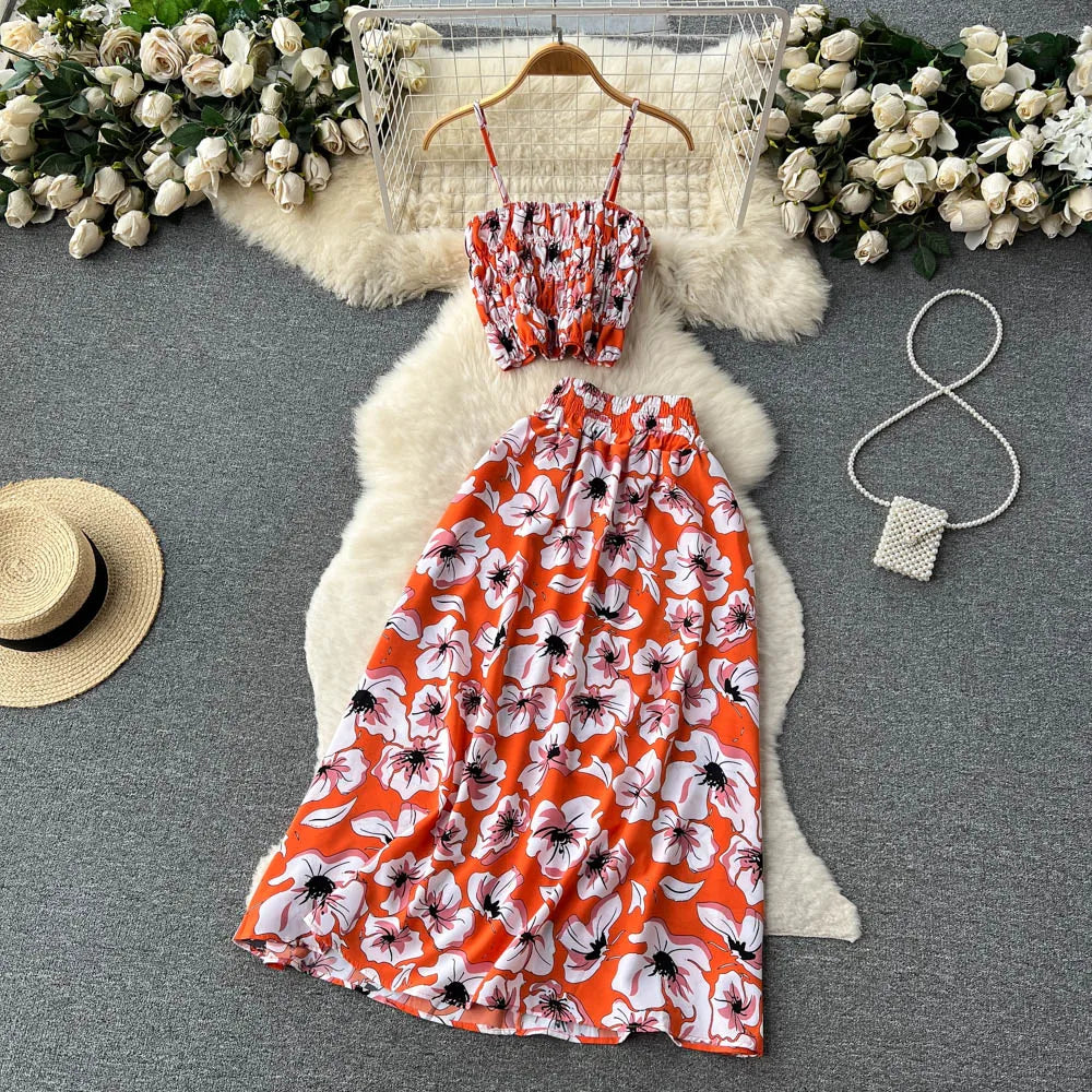 YuooMuoo-Conjunto de vestido para mujer, Tops cortos con tirantes estampados florales y faldas largas, trajes de 2 uds para playa, novedad de verano 2023