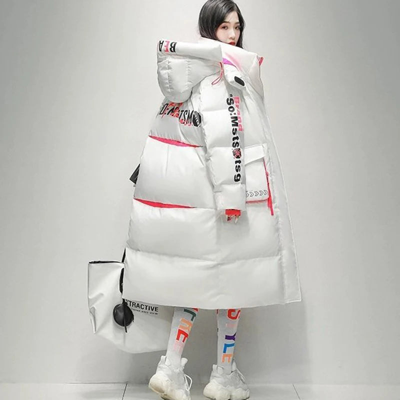 2023 invierno mujeres brillante impermeable gruesa ropa de abrigo suelta Parka cálida chaqueta de nieve con capucha X-long 90% plumón de pato blanco