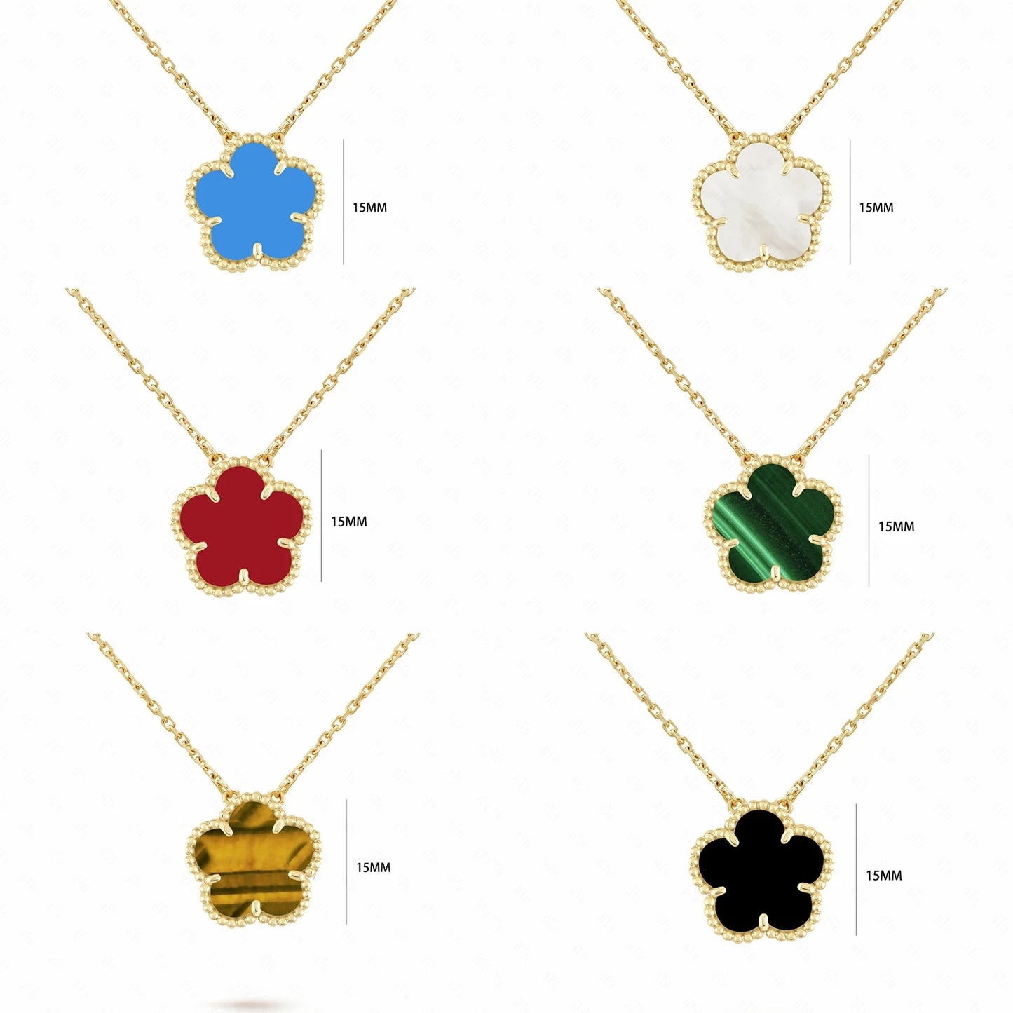 15mm Venta caliente nueva planta cinco hojas flor pétalo colgante collar con chapado en oro de 18K para mujeres joyería temperamento trébol