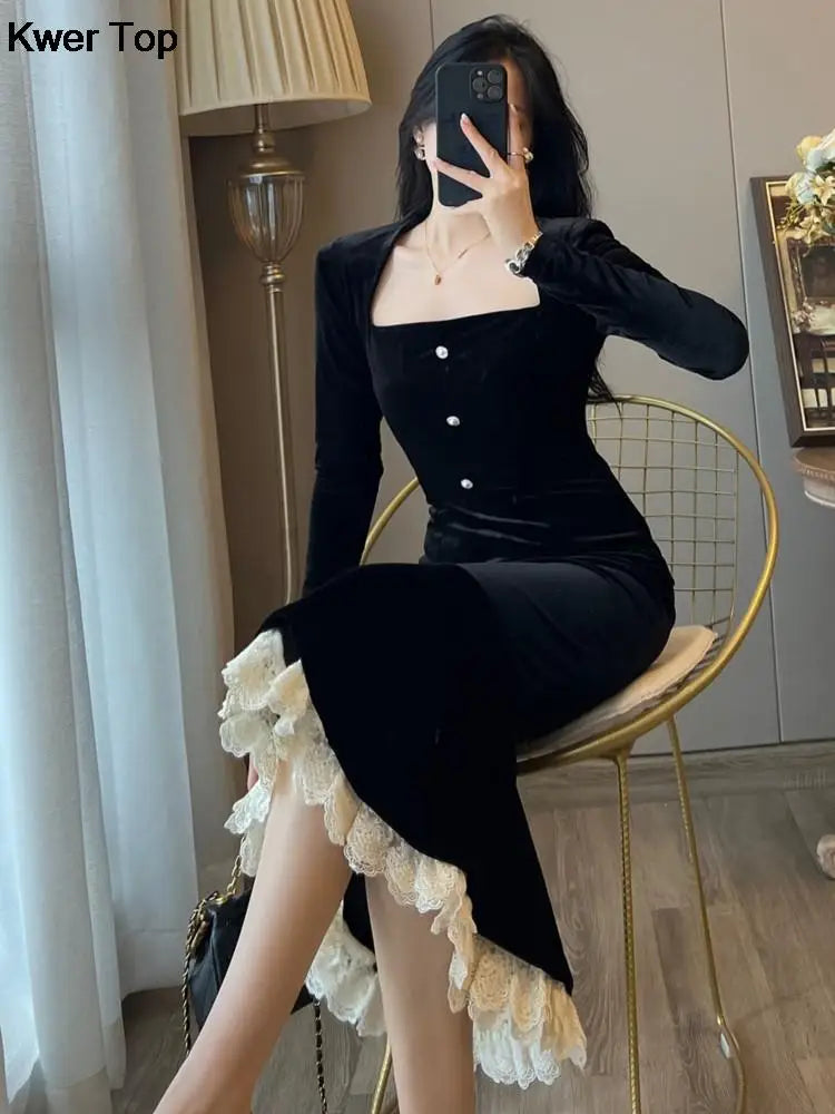 Vintage Bodycon Velvet Mermaid Party Dresses Women Elegant Lace Patchwork Evening Prom Vestidos Female Autumn Winter Clothes