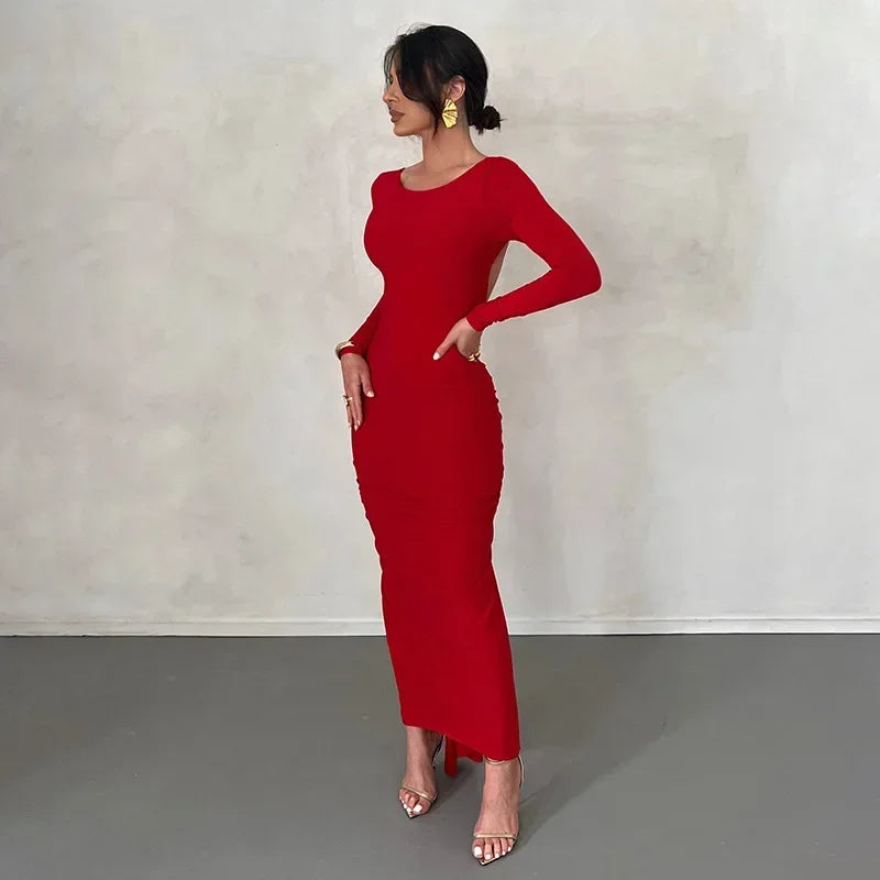 Vestido largo sin espalda elegante rojo de manga larga vestido de fiesta de noche Sexy acanalado para mujer 2023 trajes de Navidad ajustados de primavera