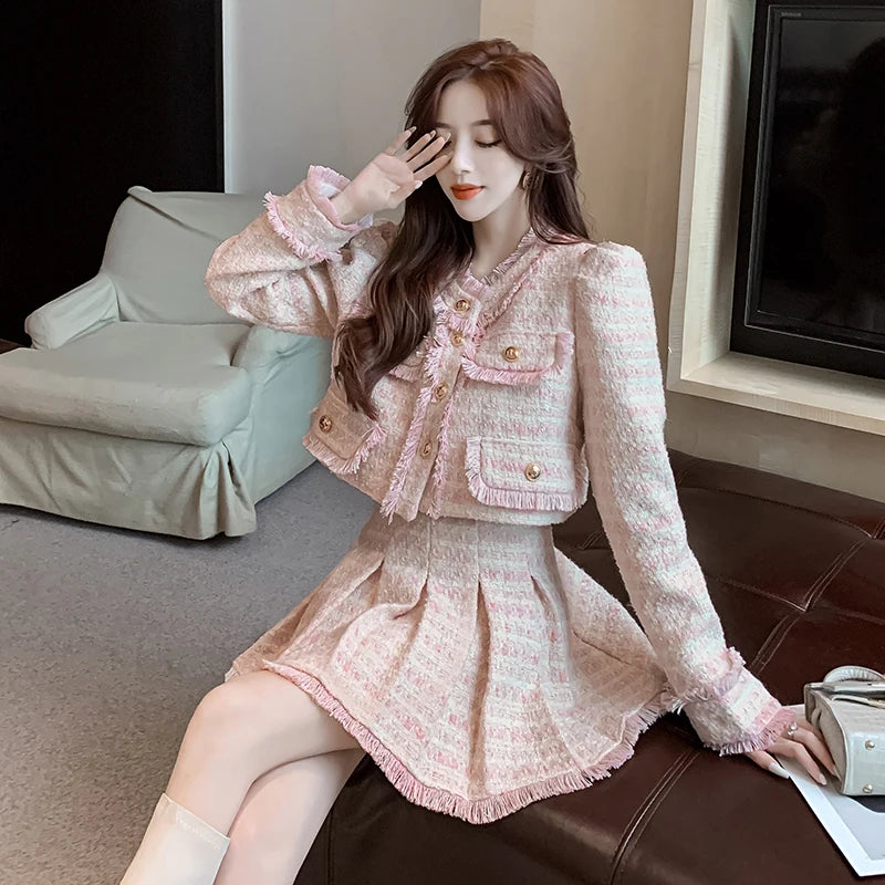 Women Elegant Tassel Y2K Korean Suit Jacket Coat And Skirt Two Piece Set Plaid Outfit New Winter Jacquard Tweed Pink Clothing