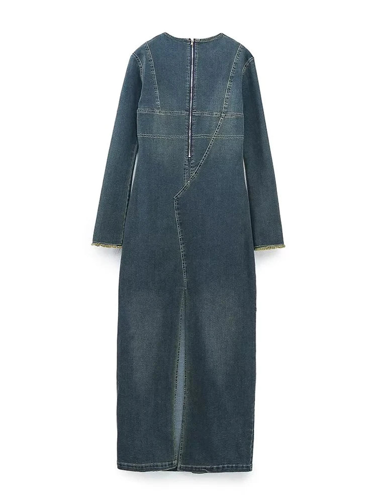 TRAF Blue Denim Dress Woman Winter Long Dresses for Women 2023 Going Out Casual Maxi Dress Women Long Sleeve Slit Female Dress