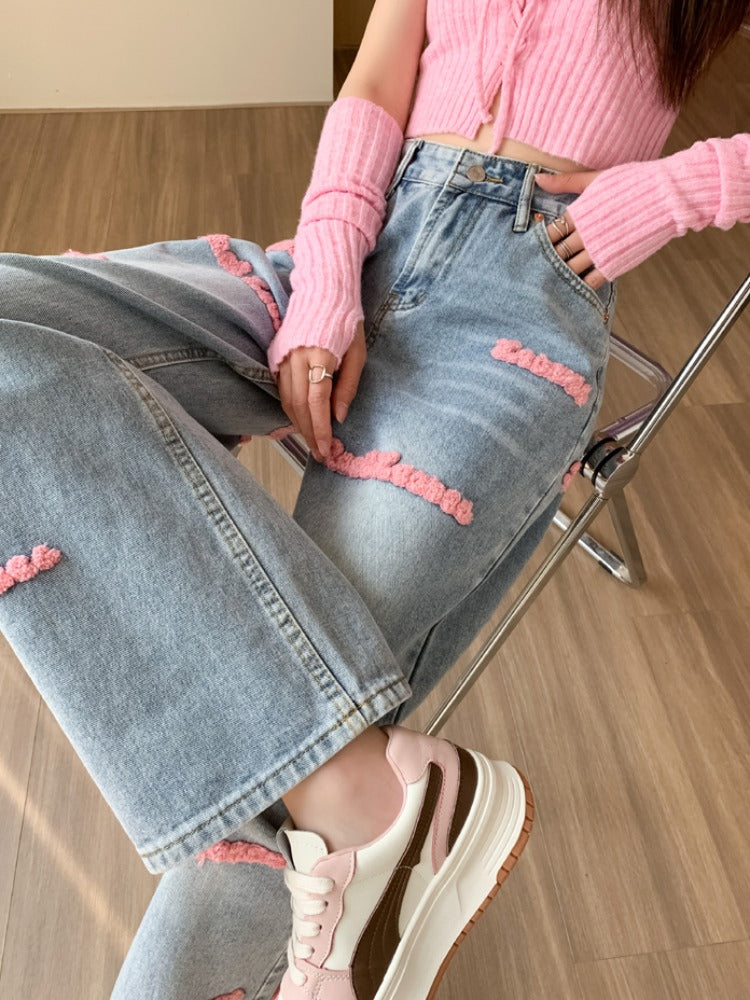 Pantalones vaqueros de pierna ancha con letras bordadas y pierna recta para mujer