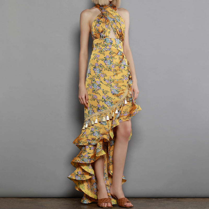 Robe longue imprimée à fleurs, dos nu, dos nu, pour femmes