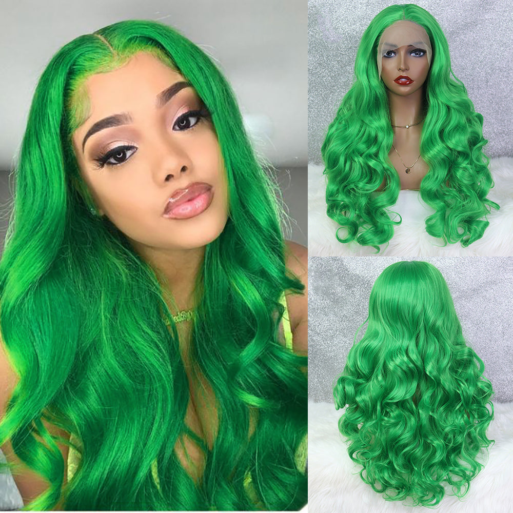 Perruque Lace Wig verte à grande vague pour femmes, couvre-chef en Fiber chimique