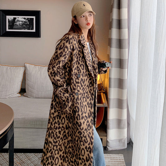 Abrigo largo de lana con estampado de leopardo de invierno para mujer