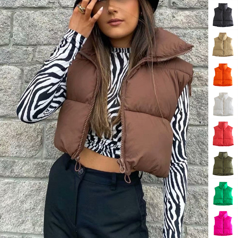 Gilet court d'hiver pour femmes, couleur unie, fermeture éclair, sans manches, veste à revers, manteau à pain à la mode