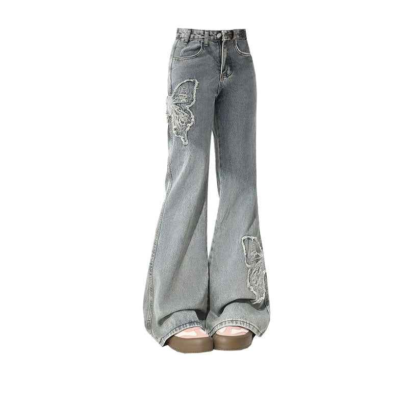 Vintage Butterfly Paste Cloth Embroidery Jeans Straight-leg Wide-leg Pants