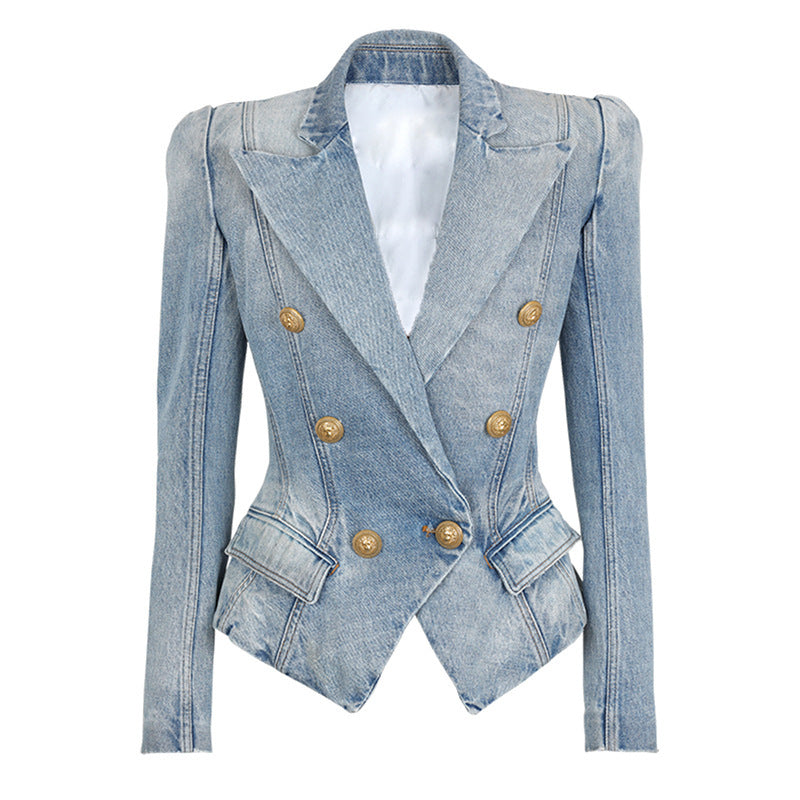 Veste de costume en jean slim à double boutonnage avec bouton lion pour femme