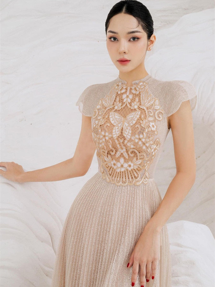 Design Pleated Summer New Water Soluble Lace Dress