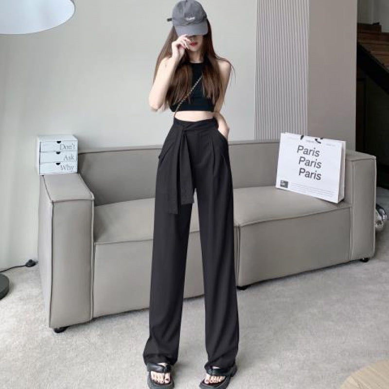 Design Gray Suit Pants For Women Lace-up Drape Wide Leg