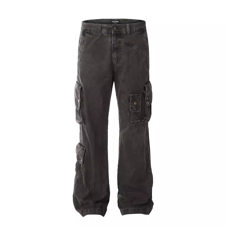 Pantalon cargo multi-poches en coton épais de style américain, rétro lavé, teint par nouage