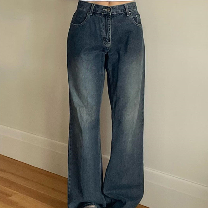 Pantalon en denim à jambe droite pour femme, rétro, ample, à la mode