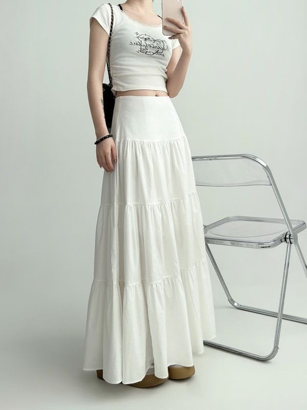 Gentle Cake White Skirt Women's Spring And Summer Big Hem Umbrella Skirt Pleated Slightly Fat Mid-length