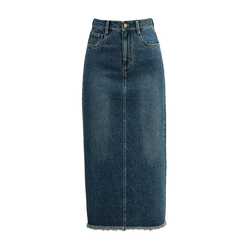 Jupe en jean rétro taille haute avec ourlet brut pour femme