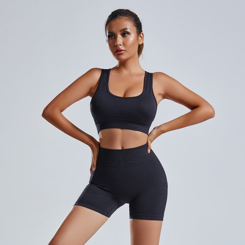 Conjunto de 2 uds de Yoga, chaleco y pantalones cortos para mujer, chándal para ejercicio sin costuras, ropa deportiva para gimnasio, mallas de cintura alta, trajes deportivos para Fitness