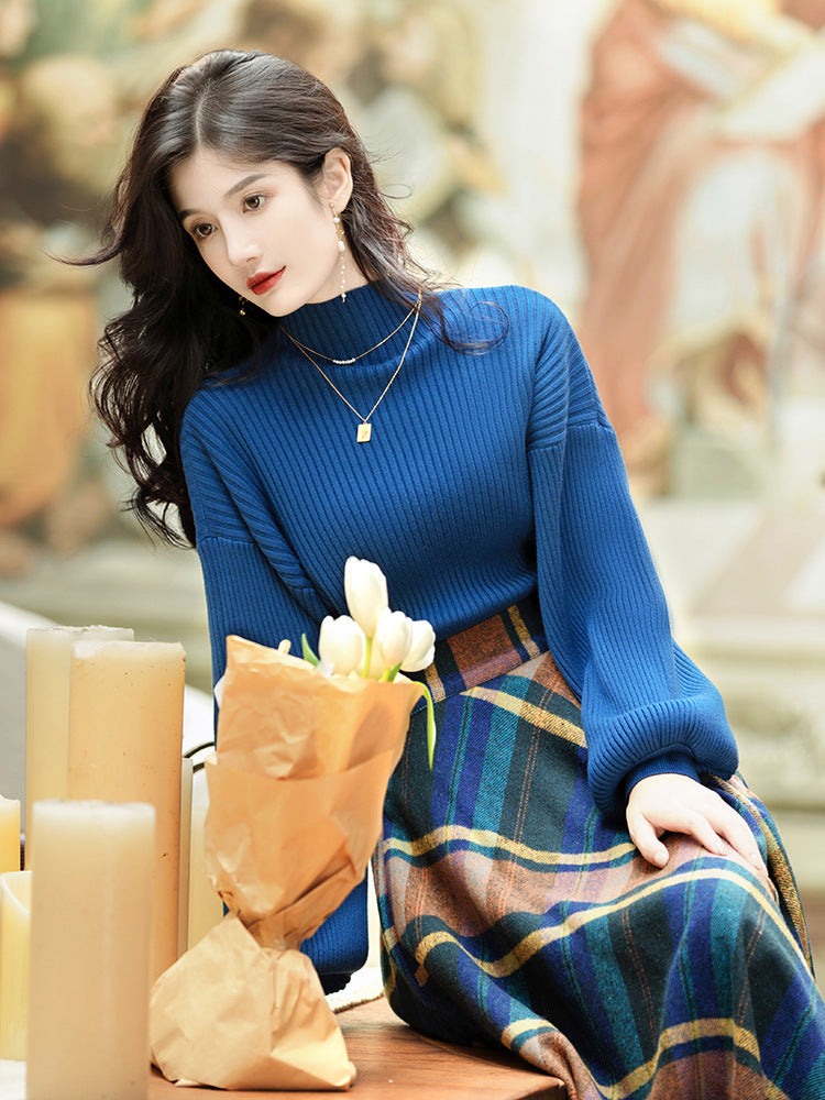 Autumn And Winter New Retro Elegant Blue Turtleneck Knitting Sweater Plaid Skirt Fashion Suit Women