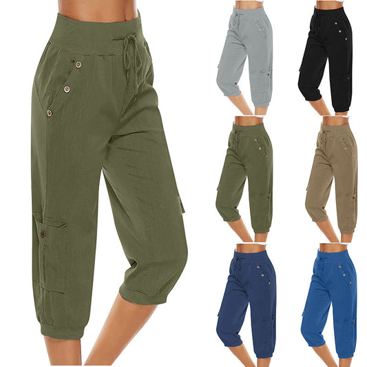 Pantalon court pour femmes, pantalon décontracté en coton et lin avec poches Cargo