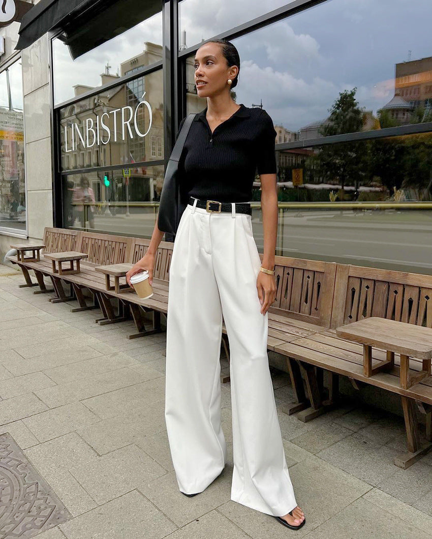 Pantalon blanc taille haute, pantalon décontracté ample à la mode