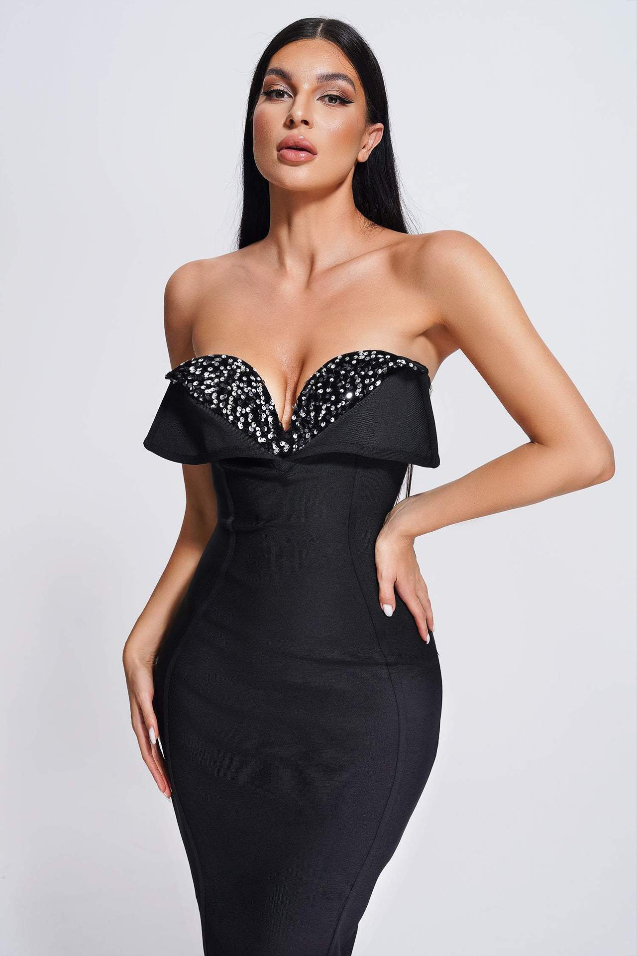 Women's Sequined Low Cut Strapless Black Bandage One-piece Dress