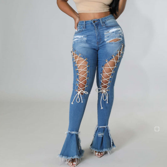 European And American Mid-waist Retro Tattered Jeans Elastic Corns Bandage Mop Denim Bell-bottom Pants