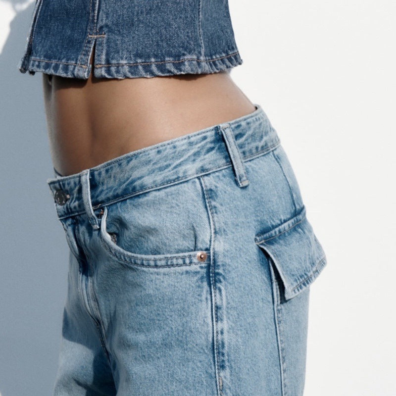 Jeans Cargo taille moyenne pour femmes, accessoires à bretelles amples, mode