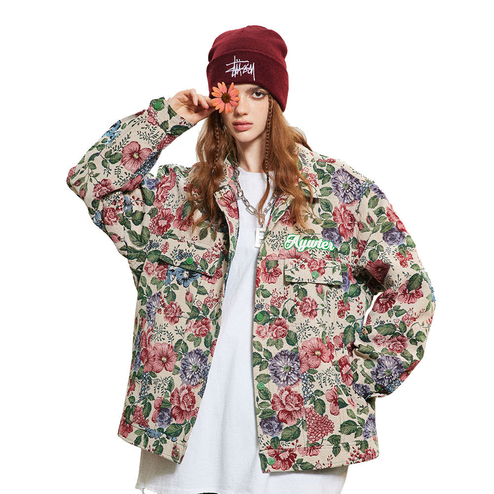 American Retro Veste ample à fleurs teints en fil entièrement imprimé