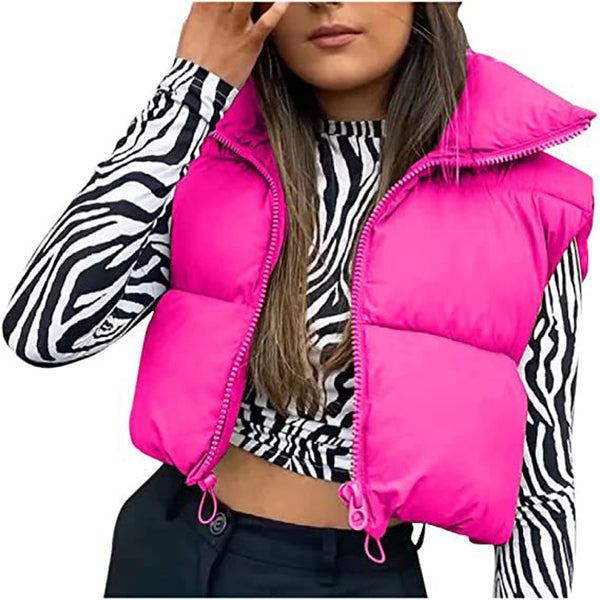 Gilet court d'hiver pour femmes, couleur unie, fermeture éclair, sans manches, veste à revers, manteau à pain à la mode