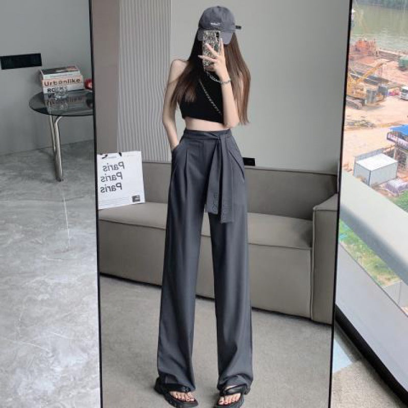 Design Gray Suit Pants For Women Lace-up Drape Wide Leg