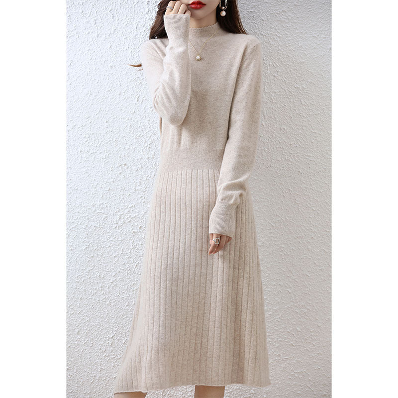 Autumn And Winter New Pure Wool Dress Women's A- Line Style Overknee Mid-length