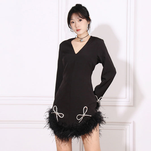 V-neck Long Sleeve Design Stitching Diamond Dress