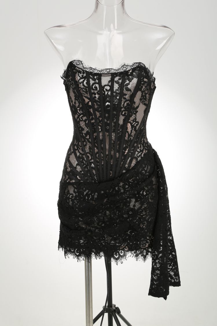 Women's Sexy Lace See-through Stitching Waist Tube Top Dress