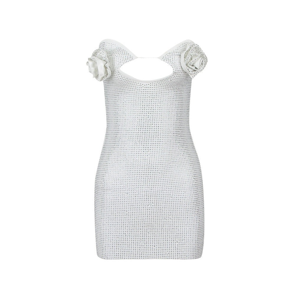 Women's Skinny Sheath White Flower Rhinestone Party Dress