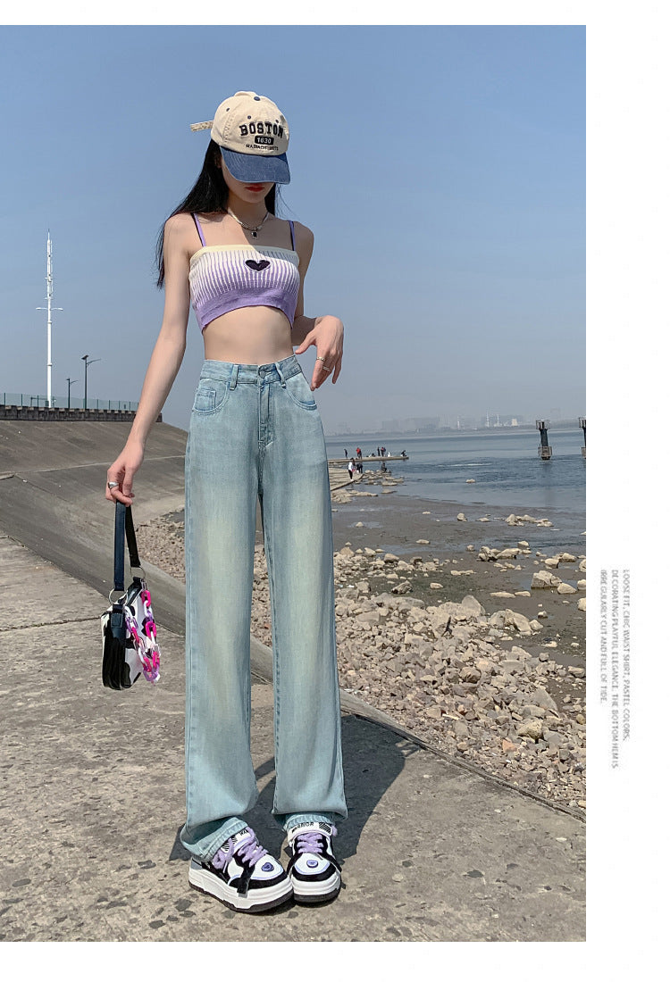 Wide-leg Jeans Women's High Waist Slimming Draping Thin Loose Ice Silk Straight