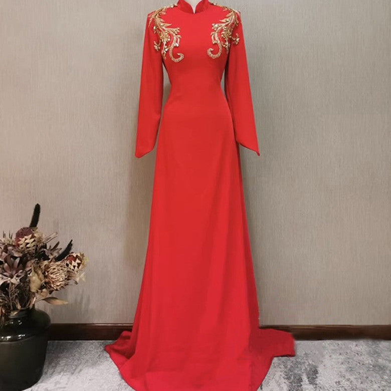 Vestido de noche de banquete para mujer de manga larga rojo