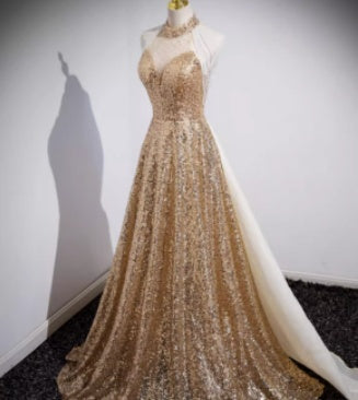 Golden Evening Dress Women Senior Sense Host High-end Atmosphere