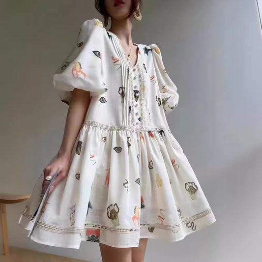 Vestido de manga abullonada con estampado francés suelto retro de encaje para mujer