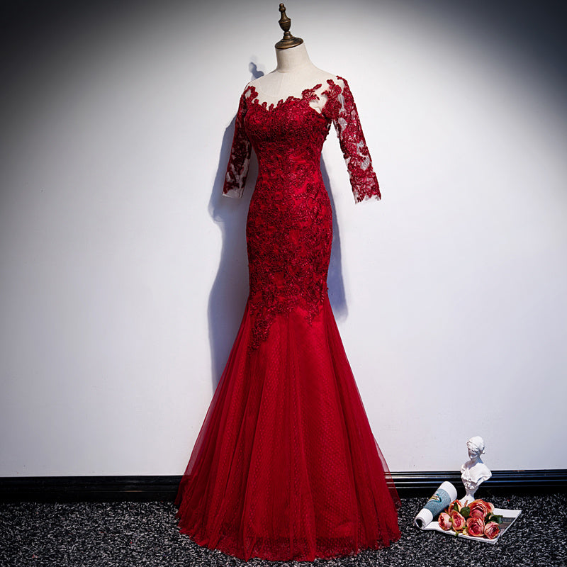 Vestido de noche elegante rojo con cola de pez larga de novia