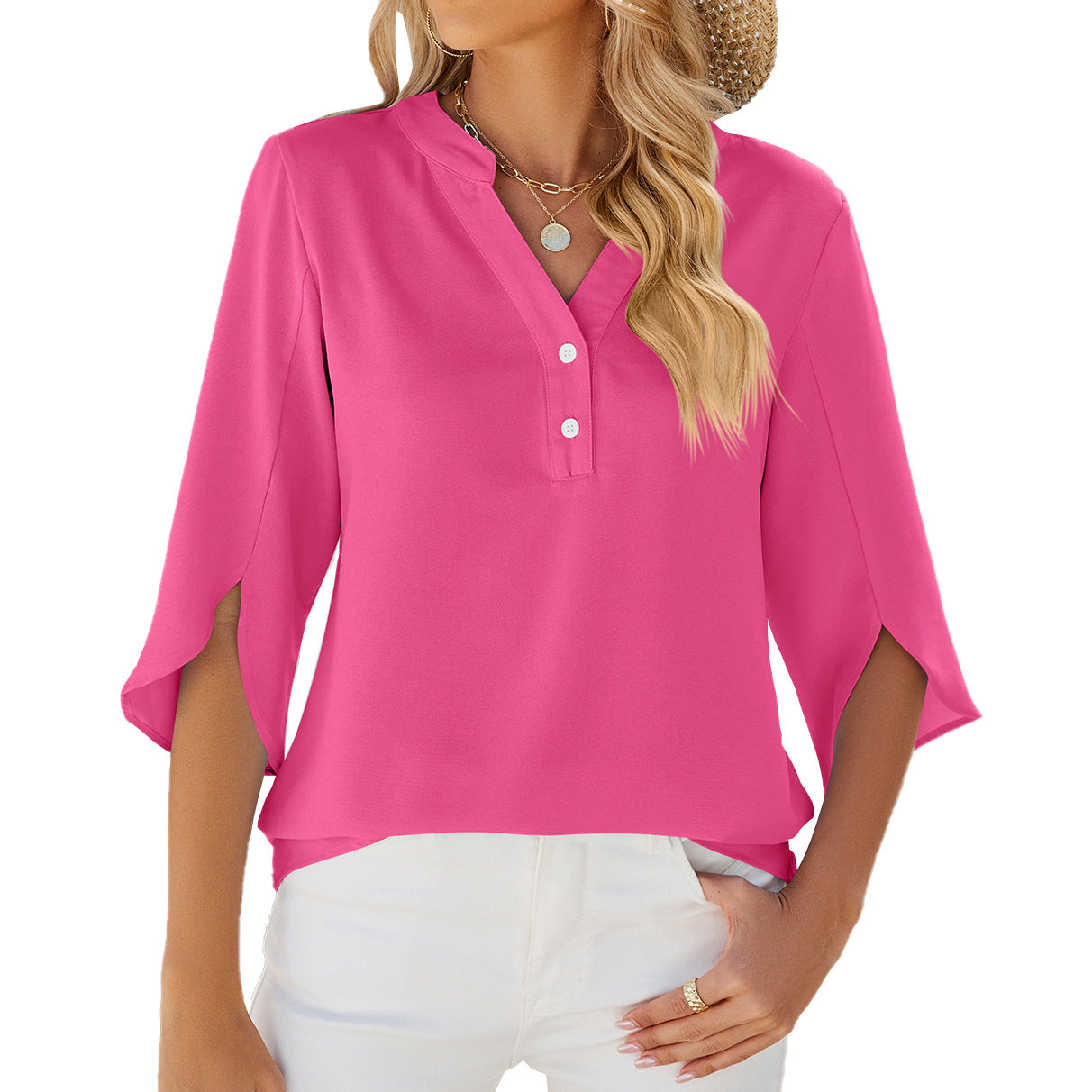 Camisa de gasa de manga media con cuello en V y botones Top de color liso Ropa para mujer