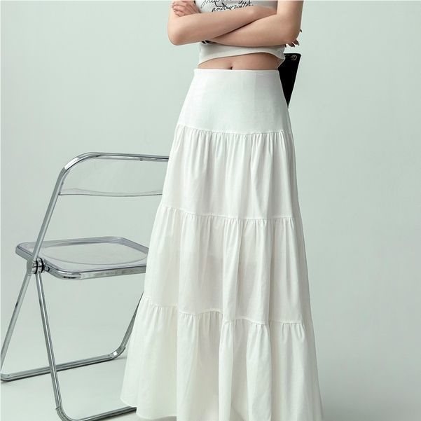 Gentle Cake White Skirt Women's Spring And Summer Big Hem Umbrella Skirt Pleated Slightly Fat Mid-length