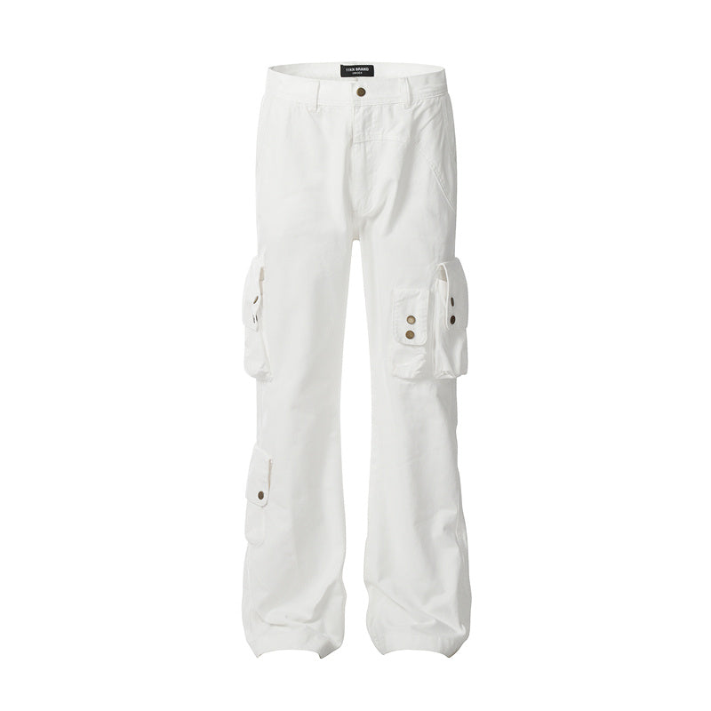 Pantalon cargo multi-poches en coton épais de style américain, rétro lavé, teint par nouage