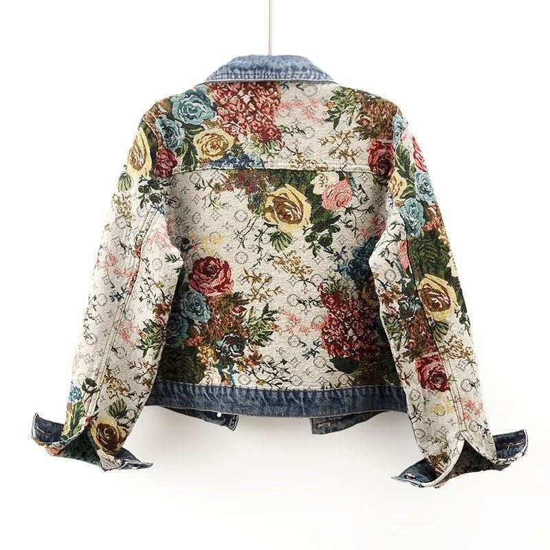 All-match Printed Patchwork Long Sleeves Lapel Denim Coat