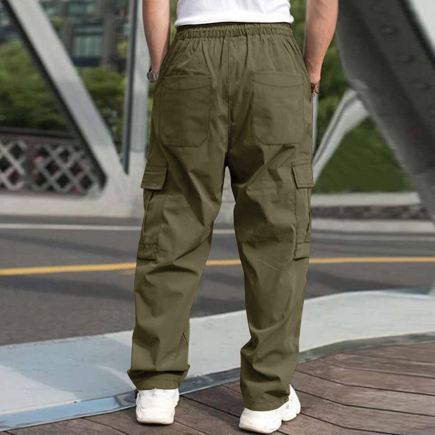 Pantalones cargo casuales para hombres Pantalones sueltos rectos con cordón en la cintura y bolsillos