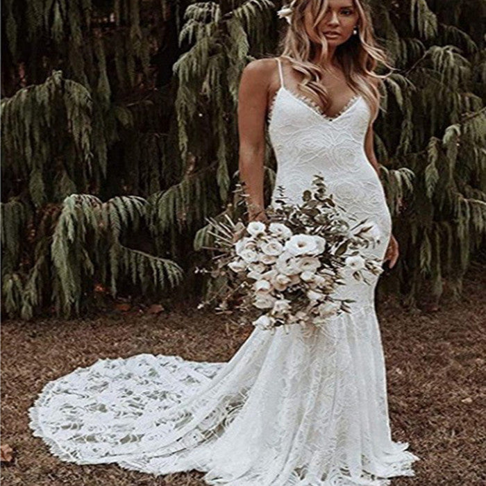 Vestido de novia con tirantes de cola de pez, Espalda descubierta, corte entallado y sencillo para mujer